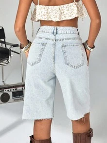 CasuGlow HIGH WAIST STRAIGHT CUT MIDDLE LENGTH RAW HEM JEAN SHORT - 378 GR - Light Wash - View 2