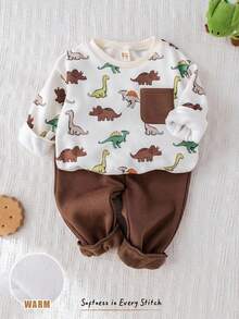 Cozy Pixies 2 件套男婴卡通恐龙图案针织柔软圆领长袖套头衫和松紧腰及踝长裤套装 - 棕色 - 查看 9