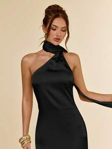 SHEIN BAE Sexy minimalistisches einfarbiges gelbes Satinkleid mit asymmetrischer Schulter, offenem Rücken und Schleife, geeignet für Partys, Cocktails, formelle Anlässe, Brautjungfern, Geburtstage, Frühling/Sommer - Schwarz - Übersicht 6