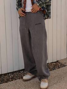 DAZY Men's Grey Suede Fabric Letter Embroidery Elastic Waist Street Style Sweatpants, Autumn, 2000s Style Men Joggers