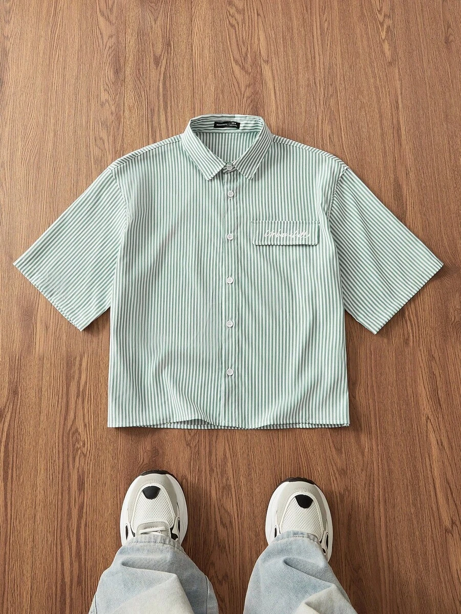 SWAVVY Men's Casual Striped Print Green Loose Fit Short Sleeve Shirt, Suitable For Spring And Summer - Green - View 1