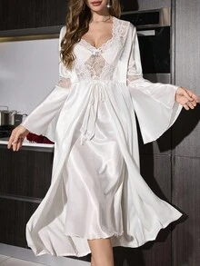 SilkySpell 2pcs Lace Patchwork Sexy Backless Faux Silk Camisole Nightgown & Robe Pajama Set, Fall Clothes - White - View 3