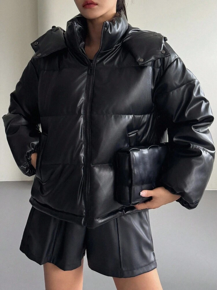 Women's Loose Street Style Hooded Padded Coat Jacket Winter Leather Jacket