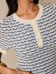 Poéselle 女式休闲拼色条纹短袖针织上衣，秋冬夏季 - 淺藍色 - 查看 6