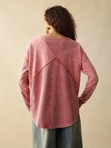 Franclia 女士V领落肩长袖休闲宽松酸洗T恤 - 橘色 - 查看 2