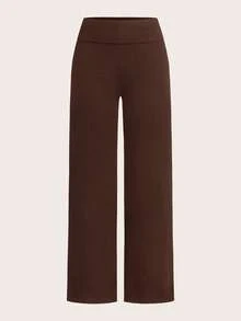 SHEIN EZwear 2 件女士休闲高腰卷边阔腿直筒裤，棕色和黑色，适合秋季 - 彩色 - 查看 3