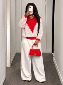 BamGleam Women's Autumn Contrast Color V-Neck Dropped Shoulder Long Sleeve Loose Casual Sweater - Red - View 1