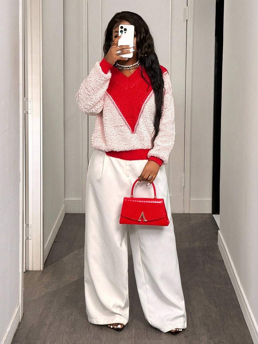 BamGleam Women's Autumn Contrast Color V-Neck Dropped Shoulder Long Sleeve Loose Casual Sweater - Red - View 1