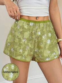 SHEIN PETITE Pantaloni scurți din șifon brodat cu paiete verzi pentru femei, potriviți pentru vară, mici, casual și slăbire - Verde - Vizualizare 1