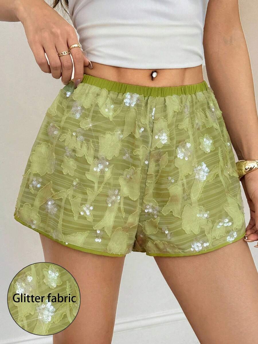 SHEIN PETITE Pantaloni scurți din șifon brodat cu paiete verzi pentru femei, potriviți pentru vară, mici, casual și slăbire - Verde - Vizualizare 1