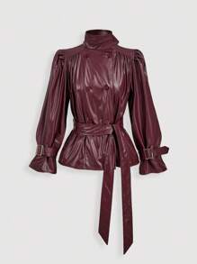 SHEIN MOD 女款收腰立領酒紅色人造皮革夾克，秋季優雅通勤上班，秋冬/萬聖節/哥德風/西部風/商務休閒/電音派對 - 酒紅色 - 查看 2