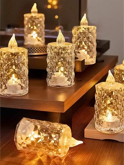12 piezas Velas sin llama de cristal, velas sin llama con forma de diamante de 3,15"*1,4", luces LED con pilas para decoración interior, decoración del Día de San Valentín, decoración de fiestas de cumpleaños, bodas, decoración de mesas, regalos para el Día de la Madre, regalos, decoración de despedida de soltera, suministros para fiestas de graduación