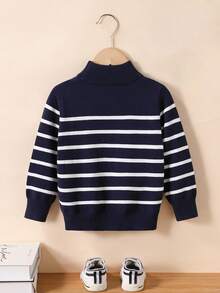 SHEIN 男童海军蓝和白色条纹高领毛衣，柔软有弹性的面料，适合春/秋/冬休闲穿着 - 藏蓝色 - 查看 3