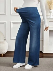 SHEIN 孕妇高腰阔腿宽松休闲百搭牛仔裤 - 藍色 - 查看 1