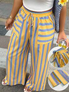 Flirla 大码女式系腰阔腿宽松休闲条纹印花裤，随机印花 - 彩色 - 查看 1