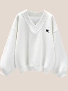 SHEIN EZwear Casual Minimalist Plus Size Women Plus Size V-Neck Loose Sweatshirt, Suitable For Autumn/Winter Back To School Season Outings Fall - White - View 1