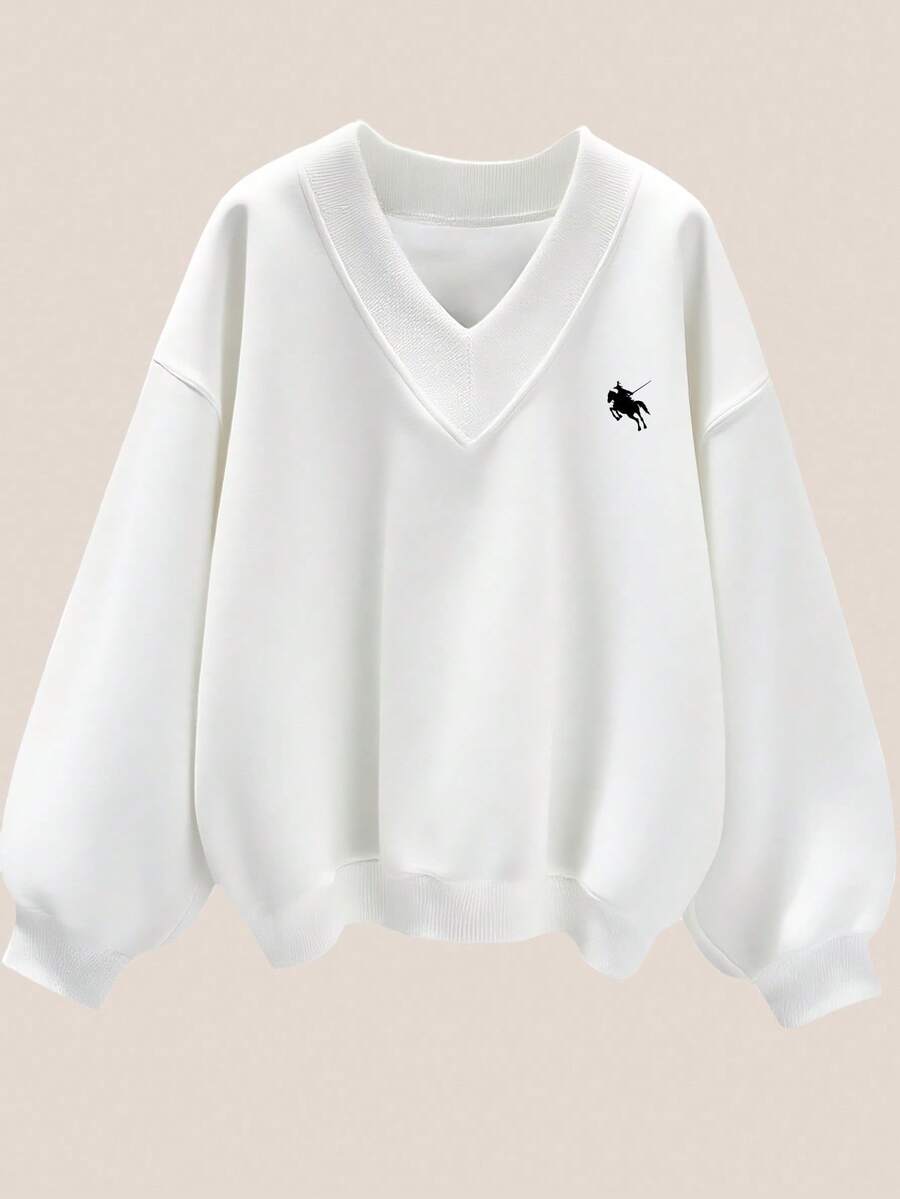 SHEIN EZwear Casual Minimalist Plus Size Women Plus Size V-Neck Loose Sweatshirt, Suitable For Autumn/Winter Back To School Season Outings Fall - White - View 1