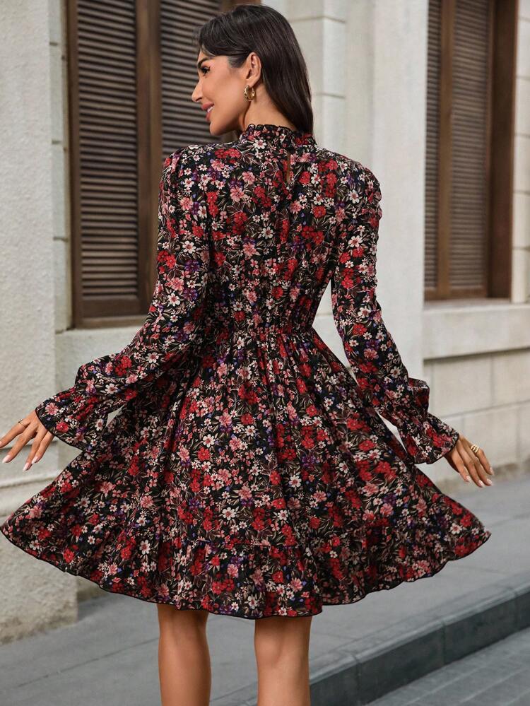 Women's Floral Print Stand Collar Flare Sleeve Elegant Short Dress Floral Dress Women Fall Dress Long Sleeve Floral Dress Autumn Dress Elegant Floral Dress,Fall Dresses For Women