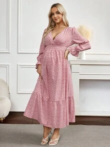 SHEIN Maternity Ditsy Floral Fashionable Versatile Ruffle Cuff Dress - Watermelon Pink - View 3