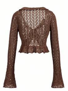 Y2Kool BiGraphic Suéter de mujer con cuello en V y ribete de volantes, blusa de encaje marrón, blusa de ganchillo marrón, blusa de manga larga marrón, blusa de punto marrón, blusa marrón de mujer para el invierno de uso casual