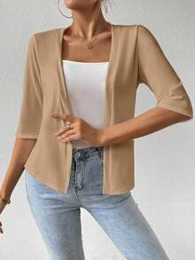 EMERY ROSE 女士纯色简约休闲长袖常规开衫，夏季轻便夹克 - 棕色 - 查看 5