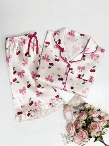 2pcs Summer Pajama Set For Women, Thin Bowknot, Cherry & Heart All-Over Print Short Sleeve Top And Shorts