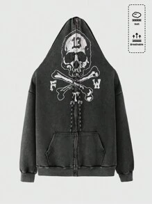 ROMWE MEN Street Life Men's Dark Style Skull Print Zip-Up Hoodie Jacket, Fall - Black - View 9