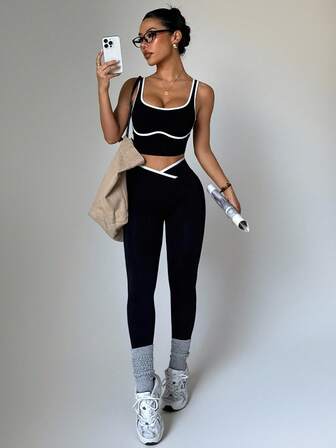 Dewbera Kadın Yoga Renk Bloklu Dikişsiz Spor Seti