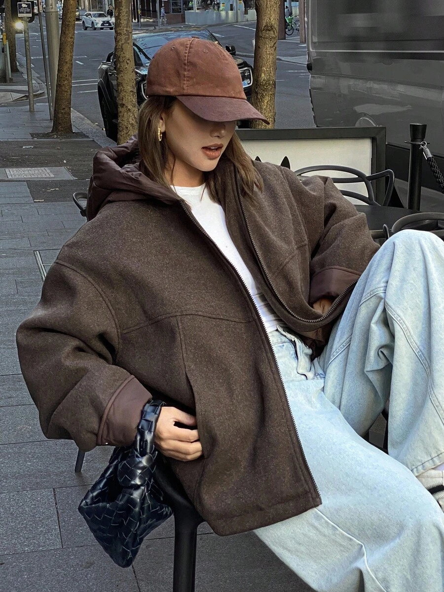 DAZY 女士纯色长袖拉链前开襟休闲宽松连帽冬季外套 - 棕色 - 查看 1