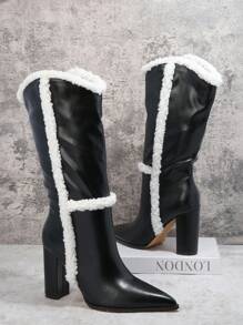 SHUZIA 女性對比色毛絨時尚中筒靴 - 黑色 - 查看 2