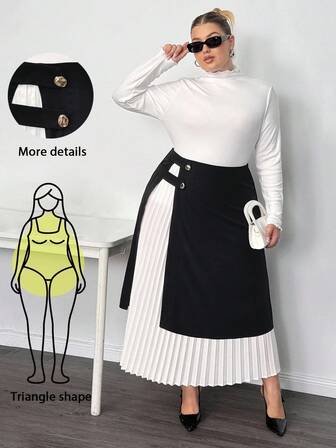 Truni Plus Size Women's Pleated Black & White Contrast Color Skirt With Metal Buckle Detail
