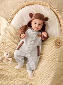 SHEIN Newborn Baby Unisex Plush Bear Hooded Jumpsuit, Casual Color Block Design, Autumn/Winter Baby Clothes, Baby Halloween Costume Newborn Baby Boy Winter Clothes Hooded Baby Jumpsuit Baby Boy Winter Jumpsuit Zip Up Baby Jumpsuit Fall - Multicolor - View 5