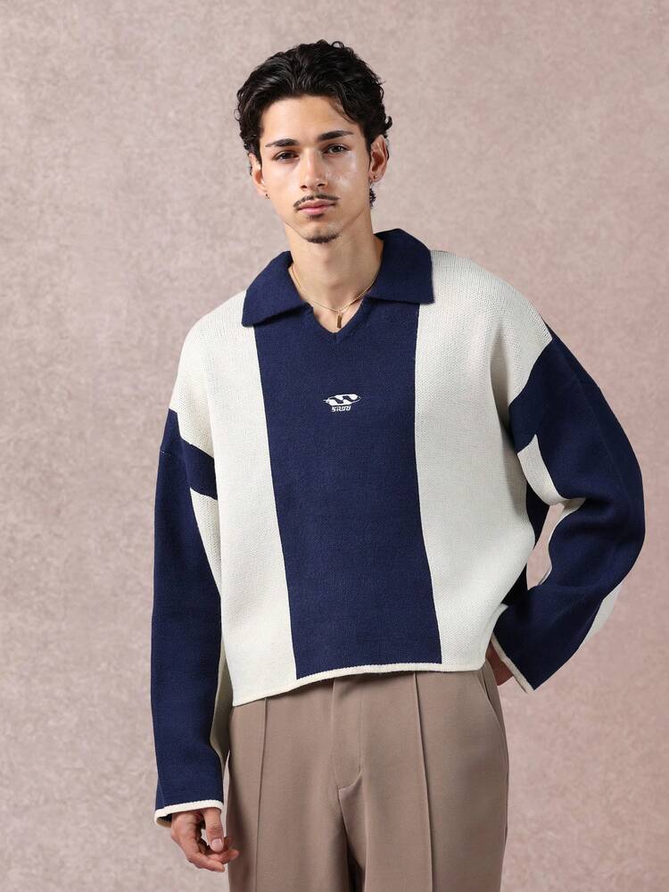 SUMWON Retro Color Block Knit Polo Collar Sweater Winter Classic Long Sleeve Preppy Textured Ribbed Casual Pullover Two Tone Oversized Loungewear Plain