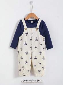 Cozy Pixies 2pcs Baby Boy Navy Blue Outfit,Cute Soft Knit Crew Neck Top And Coconut Tree Pattern Bib Shorts Overall Set For Autumn,Vacation,Holiday Fall Winter - Blue - View 3