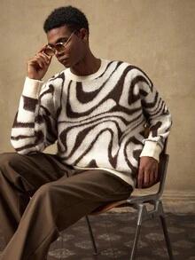 AKNOTIC Business Casual Men's Contrast Color Round Neck Drop Shoulder Casual Knit Cardigan Sweater , Fall Winter - Apricot - View 1