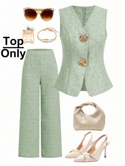 Ellevyn Ärmellose Bluse mit Metallrosen-Knöpfen, französischer Stil, Lässig & Büro-Outfit, hochwertige Sommerbluse für Damen