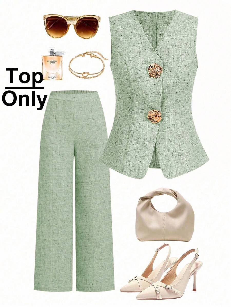 Ellevyn 女式无袖金属玫瑰纽扣衬衫，法式风格，休闲办公装，高端夏季衬衫 - 綠色 - 查看 1