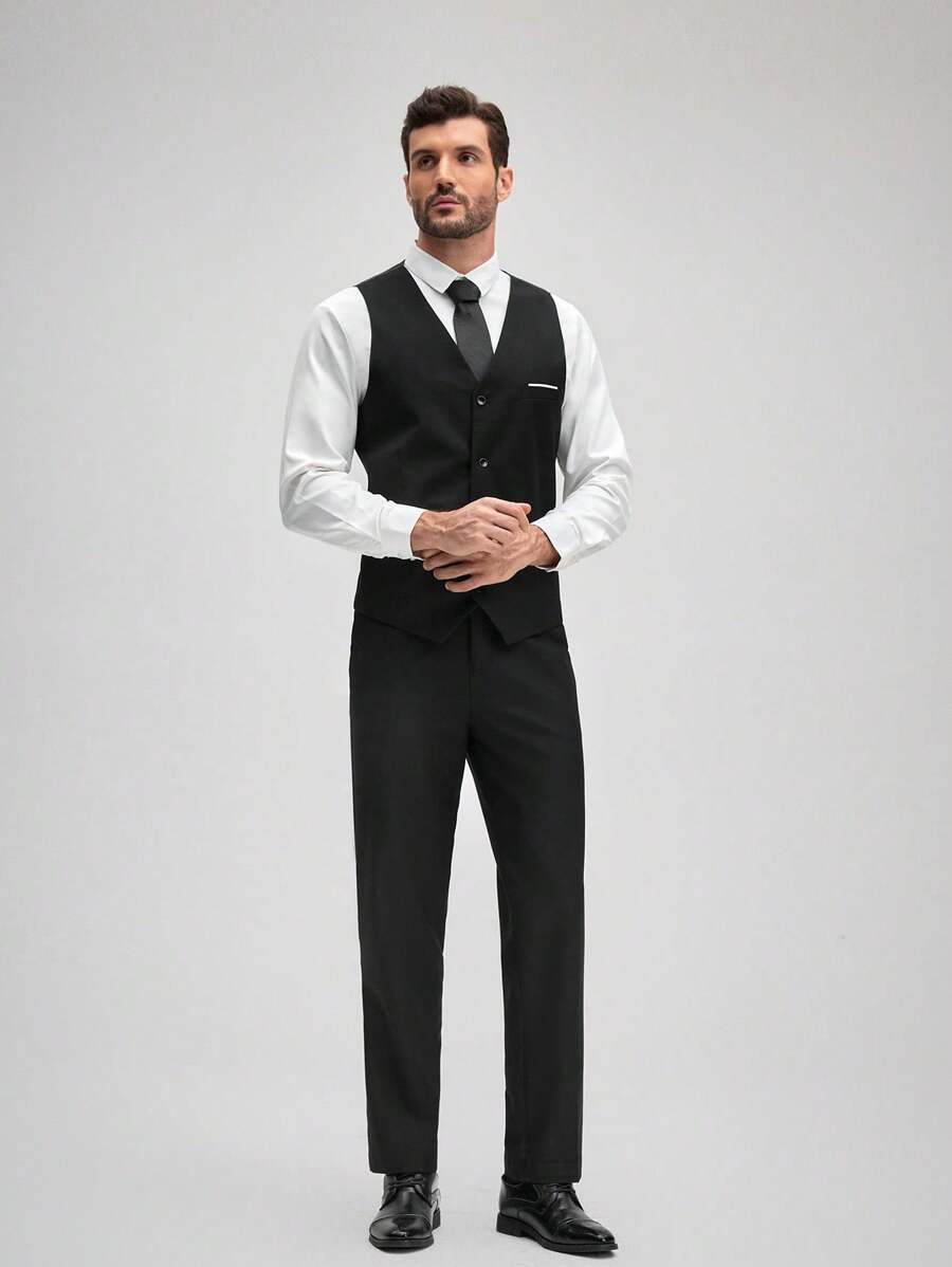 Officeau 男士三件套西装，优雅纯色修身绅士套装，包含马甲、西裤和领带，适合商务通勤、婚礼、派对、舞会等场合，黑色，尺码 XS-3XL，正式商务，经典绅士风，搭配西裤，春夏皆宜。 - 黑色 - 查看 1