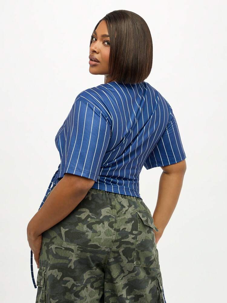 Pinstripe Baseball Jersey With Button Front V Neck