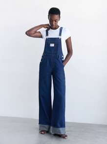 Maija 女士深蓝色卷边牛仔工装裤，复古青春，秋季休闲出门装 - 深色水洗藍 - 查看 4