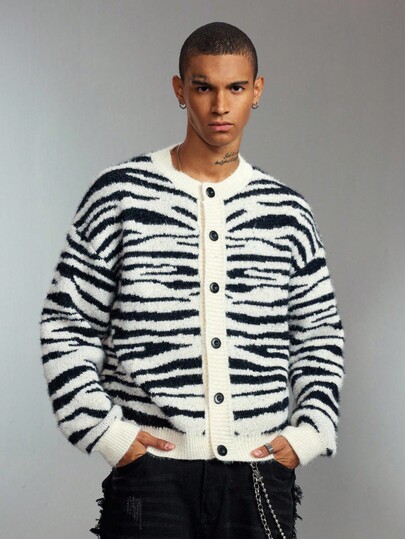 Street Life Cardigan uomo in maglia jacquard a motivo zebrato, vestibilità ampia e corta, autunno inverno