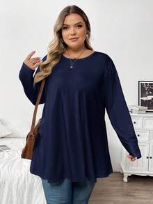 SHEIN CURVE+ 大码女式纯色简约圆领长袖T恤 - 藏蓝色 - 查看 6
