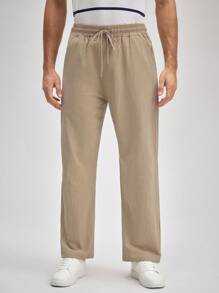 OFFICEAU Men's Linen Pants, Summer Drawstring Beach Breathable Long Trousers, Elastic Waist Casual Cargo Pants For Men, Suitable For Vacation, Commute, Relaxed Street Style, Old Money Spring To Summer - Khaki - View 3