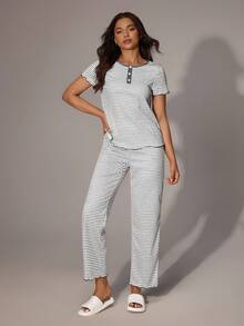 SHEIN Lazeform Casual Striped Faux Placket Round Neck Women Pajama Set