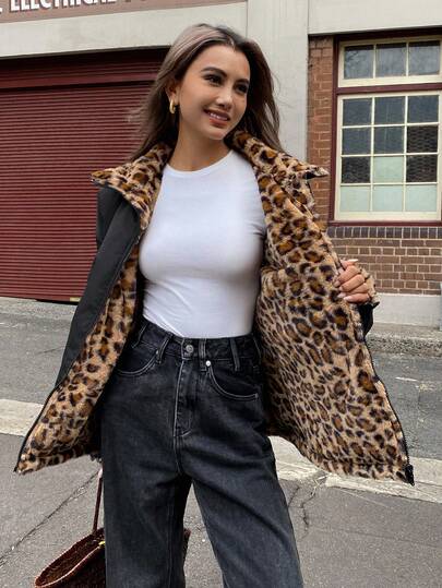 DAZY Abrigo acolchado grueso de estilo casual de calle de manga larga y ajuste holgado con estampado de leopardo reversible para mujer, chaqueta de otoño/invierno