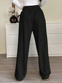 SHEIN EZwear Plus Size Women's Casual Loose Drawstring Wide Leg Sweatpants, Black Loose Pants For Women Elastic Waist Pants Women Lounge Pants Women Casual Pants,Fall Clothes For Women