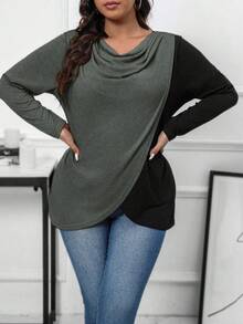 EMERY ROSE 大尺碼灰色拼接黑色多色交叉領垂墜領長袖不對稱下擺收腰女款上衣休閒百搭通勤居家舒適T恤 - 彩色 - 查看 7