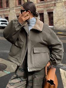 DAZY 女式宽松休闲街头风格人造羊毛拼接冬季夹棉大衣