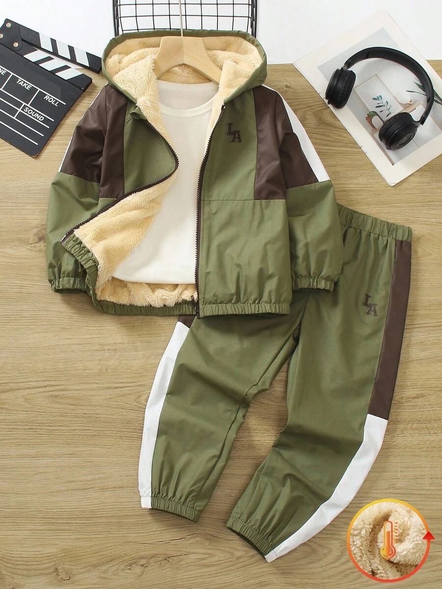 SHEIN Genkimix Kids 2pcs Set Casual Sports Fleece Hoodie Jacket And Pants, Suitable For Daily Wear, School, Sports, Outdoor Activities, Autumn/Winter Fall - Army Green - View 1
