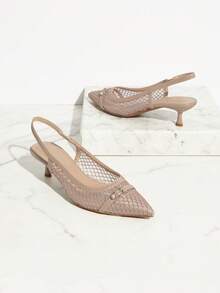 SHUZIA Mini Heel Closed Pointy Toe Adjustable Ankle Buckle Closure Nude Pump - Apricot - View 2